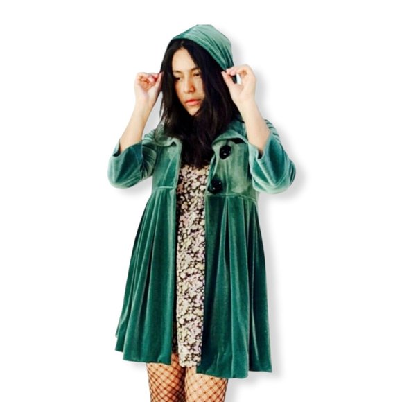 Free People Jackets & Blazers - [Sold] Free People green velvet hooded fairy coat